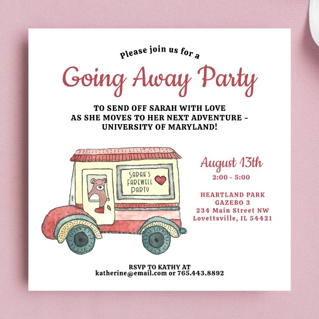 Convite Enviar Com O Amor Saindo Da Festa De Despedida (Illustration features a cute watercolor vintage mail truck with bear.)