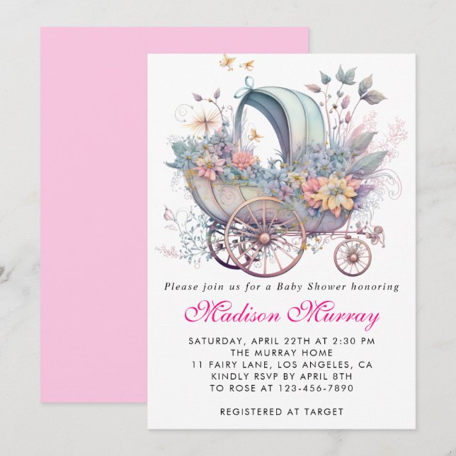 Convite Enxoval de Bebê Carrinho Floral Rosa Menina (Frente/Verso)