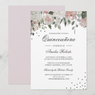 Convite Enxoval Floral Quinceanera com Aquarela Prata e Ru