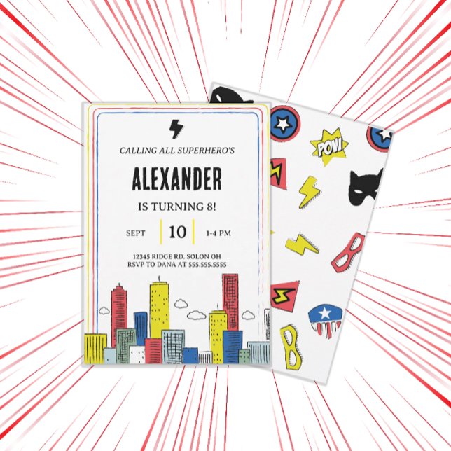 Convite Épico de Super-herói | Festa de Tema de Qu (Criador carregado)
