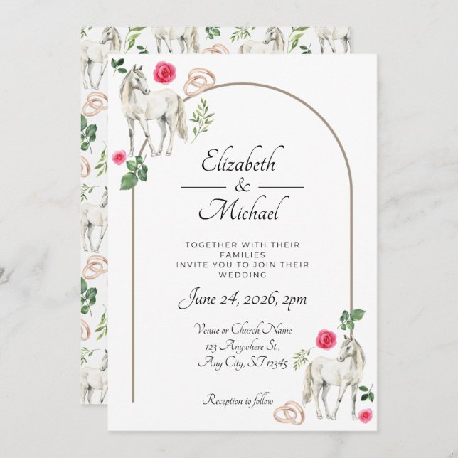 Convite Equestrian Pink Floral Wedding Invitation  (Frente/Verso)