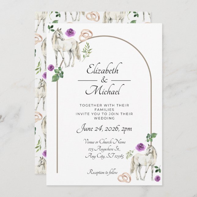 Convite Equestrian Purple Floral Wedding Invitation  (Frente/Verso)