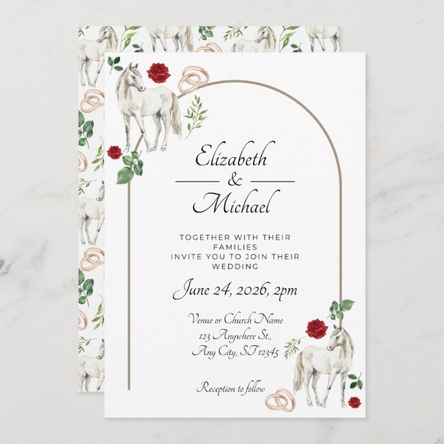Convite Equestrian Red Floral Wedding Invitation  (Frente/Verso)