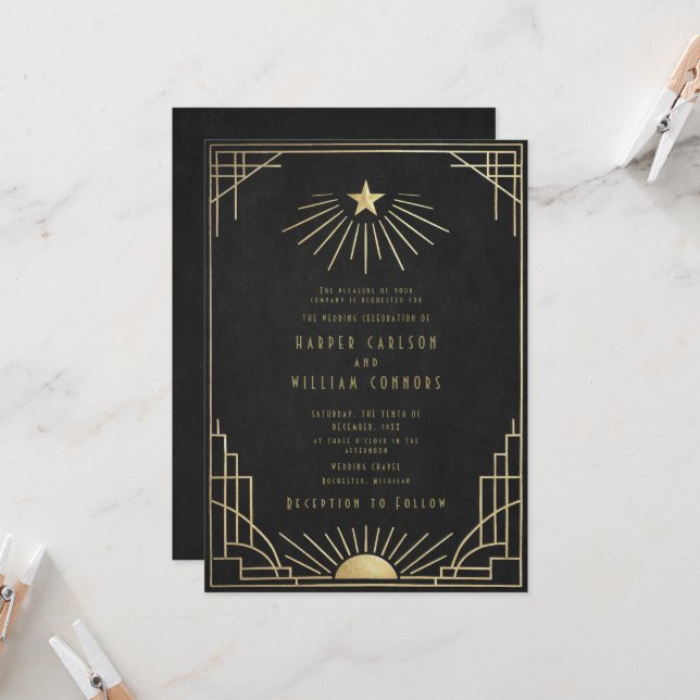 Convite Equinox Art Deco Celestial Wedding Invitation (Frente/Verso In Situ)