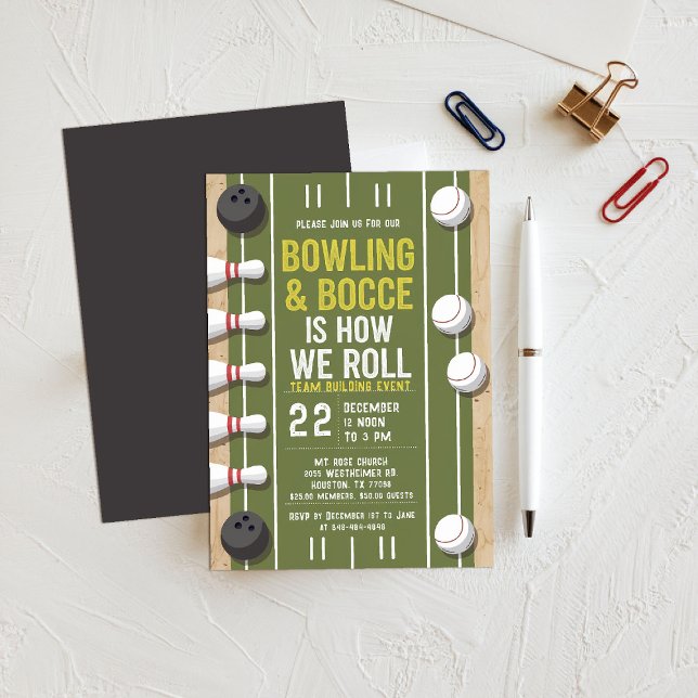 Convite Equipe de Bocas de boliches Construindo Esportes d (bowling bocce invitation sports themed company team building church event gathering green white)