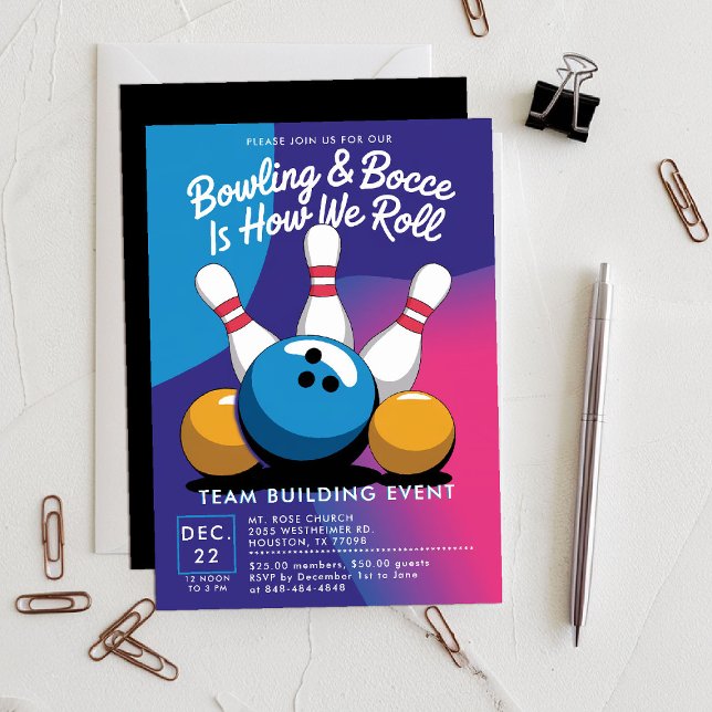 Convite Equipe de Bocas de boliches Construindo o Brilho C (bowling bocce invitation sports themed company team building church event gathering modern bright)