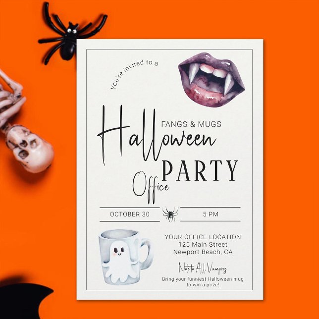 Convite Equipe de diversão de festas de Halloween e presas (halloween office party invitation fangs and mugs funny fun simple corporate business classy modern)