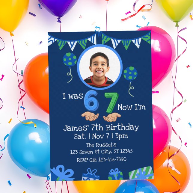 Convite Era 6 Agora 7, Imagem Azul Verde Aniversário de 7  (Criador carregado)