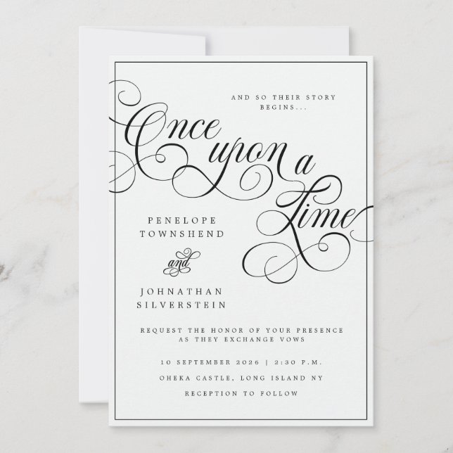 Convite Era Uma Vez Casamento Preto Branco Flourish (Frente)
