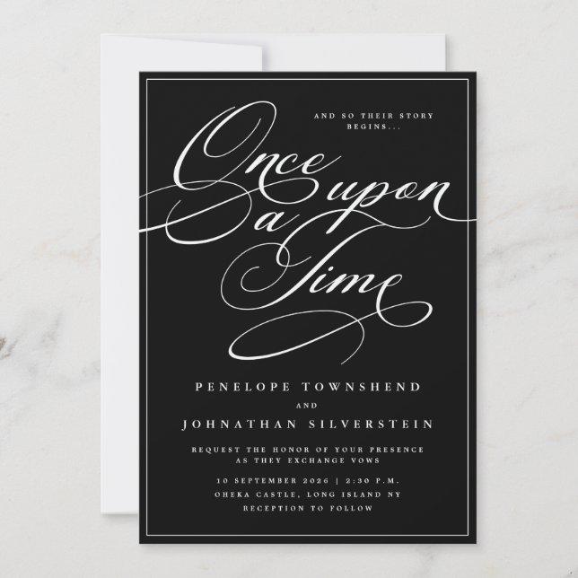 Convite Era Uma Vez Casamento Preto Script Gótico (Frente)