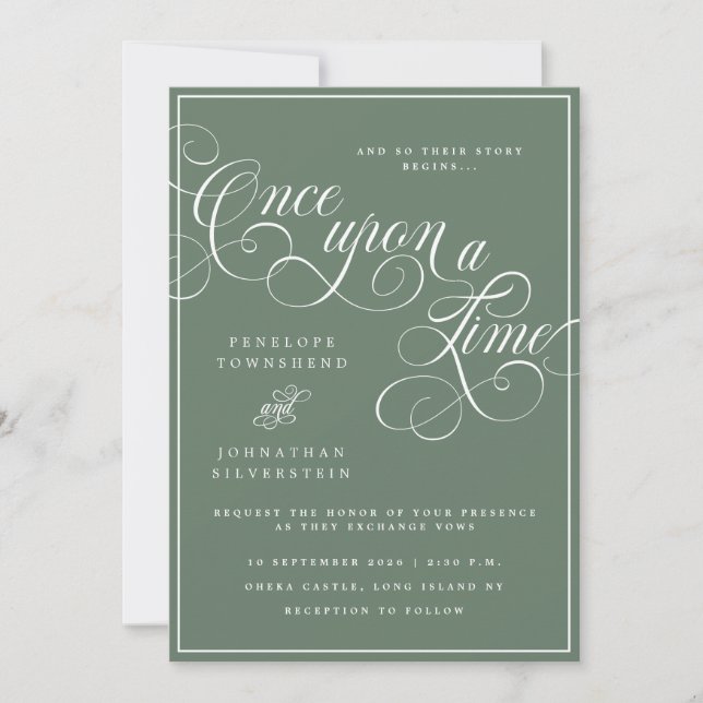 Convite Era Uma Vez Flourish Script Verde Casamento (Frente)