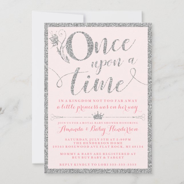 Convite Era Uma Vez Princesa Prata Baby Shower (Frente)