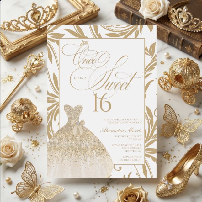 Convite Era Uma Vez um Doce 16 Aniversário da Princesa Dou (Princess Sweet 16 Invitation | Once Upon a Sweet 16 | Gold Sweet 16)