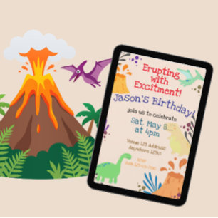 Convite Erupção com Excitação Dinossauro Vulcão Aniversári