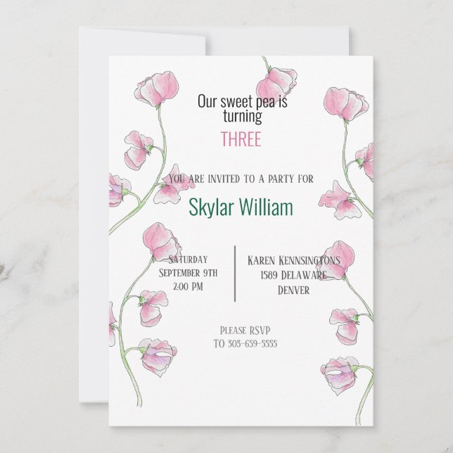 Convite Ervilha-rosa-Festa de aniversário (Frente)