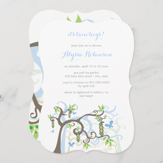 Convite Ervilhas Azuis No Chá de fraldas Dos Gêmeos Do Pod (Frente/Verso)