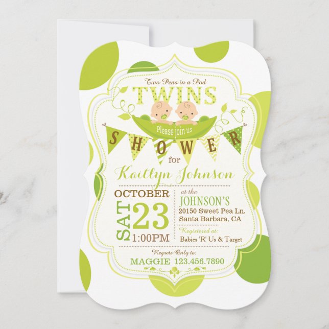 Convite Ervilhas em Chá de fraldas de gêmeos Pod (Frente)