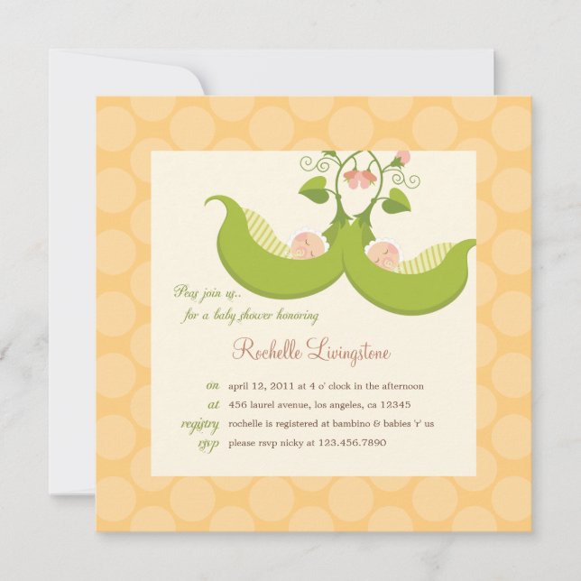 Convite Ervilhas em Chá de fraldas de gêmeos Pod (Frente)