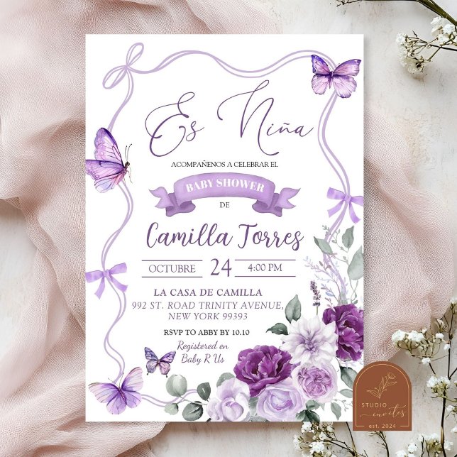 Convite És Nina Floral Lilás Roxo Chuvinha Baby Shower  (Criador carregado)