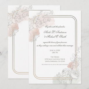Convite Esboço Botânico Salvia e Rosa Floral Casamento 