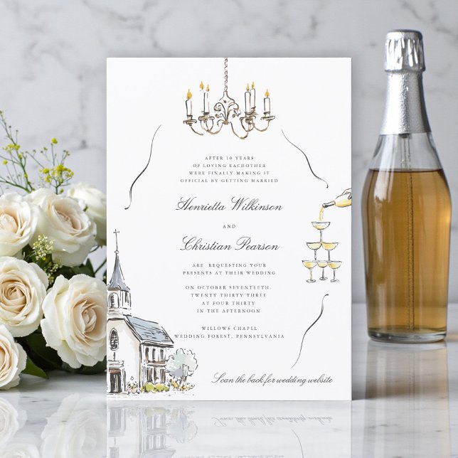 Convite Esboço de capela chic QR do site de casamento (Criador carregado)