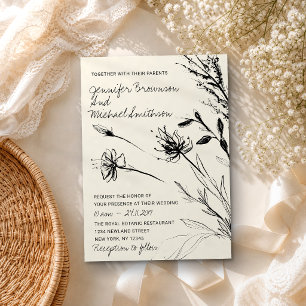 Convite Esboço de flor botânica papel retro desenhado à mã