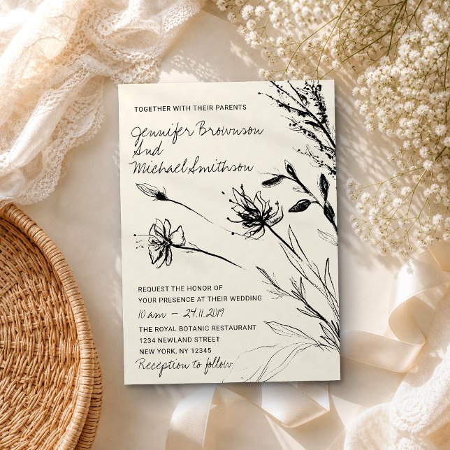 Convite Esboço de flor botânica papel retro desenhado à mã (Criador carregado)
