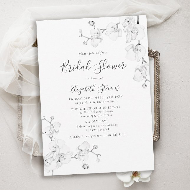 Convite Esboço de Orquídea Chuva de Noiva Preta e Branca E (orchid bridal shower invitation black white botanical art sketch elegant formal modern classic card)