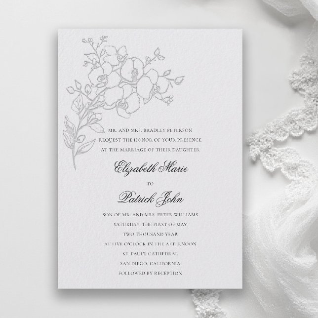 Convite Esboço de Orquídea Formal Tradicional Casamento Ma (orchid wedding invitation ivory veil formal modern classic traditional black tie parents hosting)
