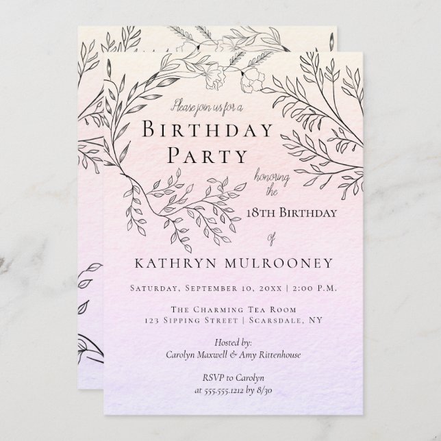 Convite Esboços florais delicados festa de aniversário do (Frente/Verso)