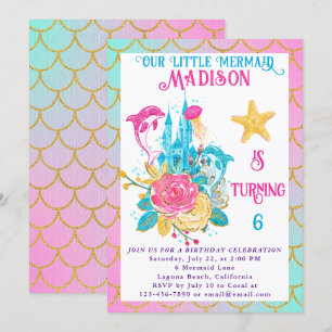 Convite Escama da Pequena Sereia Rosa Turquesa Dourado Ani