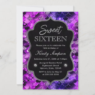 Convite Escamas de sereia brilhantes rosa e roxo Sweet 16