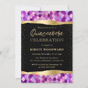 Convite Escamas de Sereia Roxo e Dourado Quinceanera