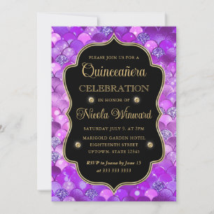 Convite Escamas de Sereia Roxo e Dourado Quinceanera
