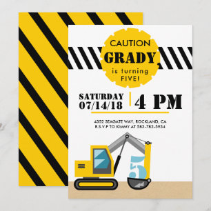 Convite Escavador do Tema de Construção 5 Preto e Amarelo