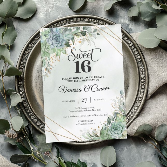 Convite Escoamento de boho suculenta flores, eucalipto, qu (Boho lush succulents flowers eucalyptus gold frame invitation)