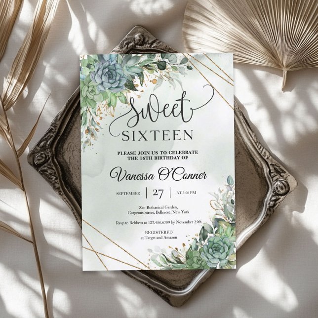 Convite Escoamento de boho suculenta flores, eucalipto, qu (Boho lush succulents flowers eucalyptus gold frame invitation)