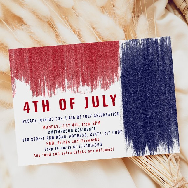 Convite Escoamentos vermelhos simples e azuis modernos 4 d (Modern simple blue red brushstrokes 4th of July Invitation)