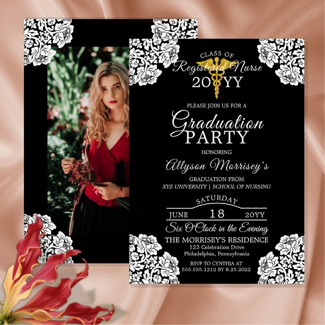 Convite Escola de Enfermagem de Fotografias de Lace | Grad (Elegant Lace-Cornered One  Photo Nursing School Medical Graduation Announcement  | Party Invitation)