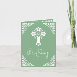 Convite (escrever) Floral Cross Baptism Sage Green