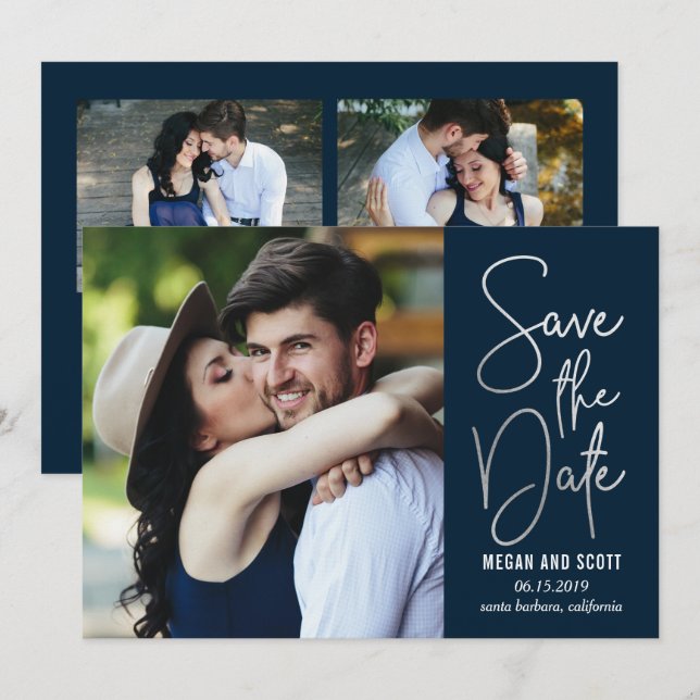 Convite Escrita Chic EDITÁVEL COR Salve A Data Prata (Frente/Verso)