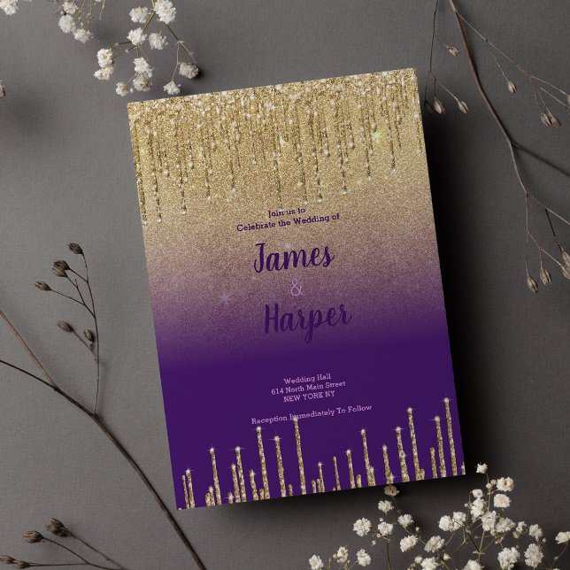 Convite Escrita de casamento com dourado roxo (Purple gold glitter ombre drips script Wedding)