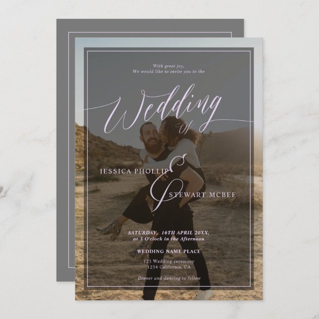 Convite Escrita de casamento do periwinkle da lavanda mode (Frente/Verso)