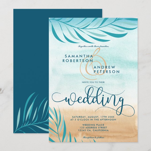 Convite Escrita de casamento tropical em praia de palmeira (Frente/Verso)