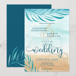 Convite Escrita de casamento tropical em praia de palmeira
