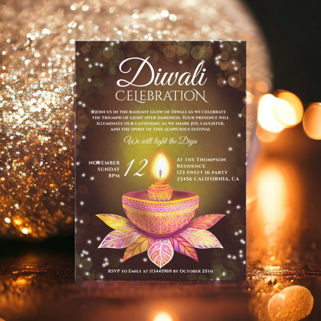 Convite Escrita de ilustração clara das Luzes Diwali Doura (Gold brown Diwali Lamps light illustration script Invitation)