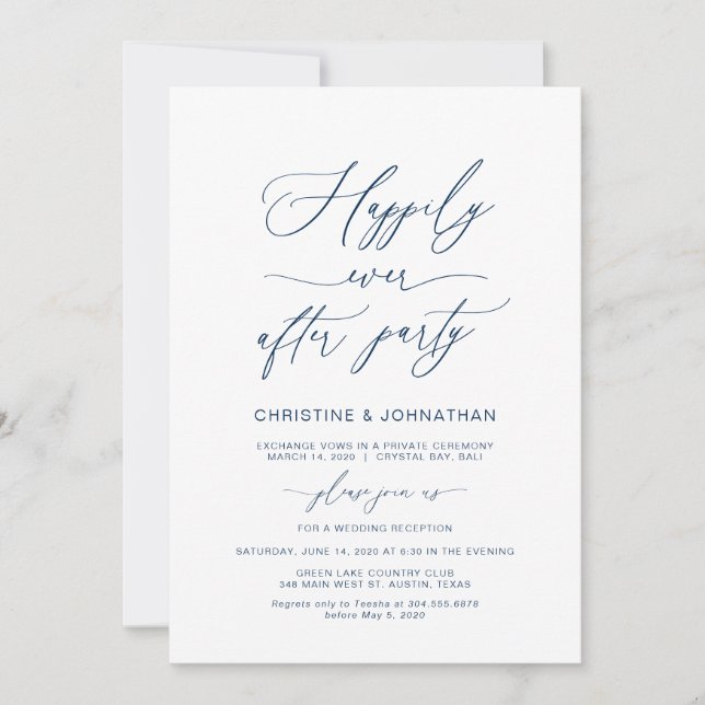 Convite Escrita Elegante, Azul Marinho, Casamento Intimo (Frente)