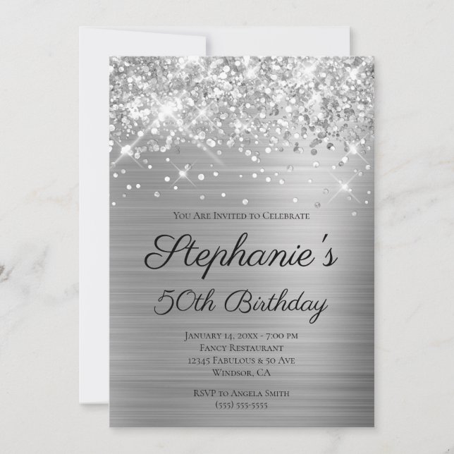 Convite Escrita Elegante de Foil Silver Sparkly 50º Aniver (Frente)