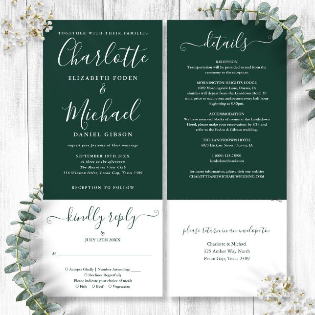 Convite Escrita Elegante Verde Emerald Tudo Em Um Casament (Emerald Green Elegant Script All In One Wedding Invitation)