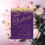 Convite Escrita em ouro roxo elegante Sweet 16<br><div class="desc">Um 16 convite moderno. Um fundo roxo e a palavra dezesseis escrita com letras grandes. Decorado com confete de ouro. Personalize e adicione um nome e detalhes da parte.</div>